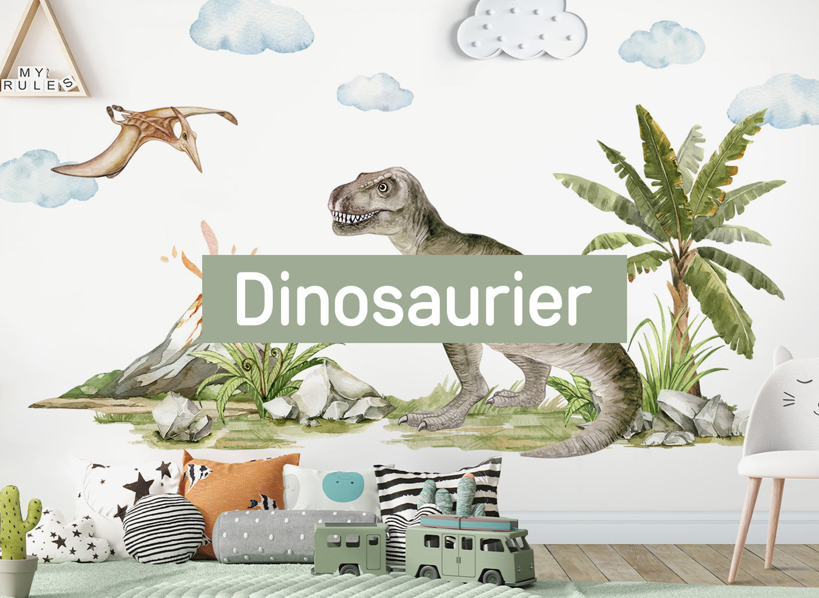 Dino-Wandtattoo Fürs Kinderzimmer - Grün, Mit Sonne Und Palmenblättern | Abziehbare Wandaufkleber Für Jungszimmer, Schlafzimmer & Wohnzimmer