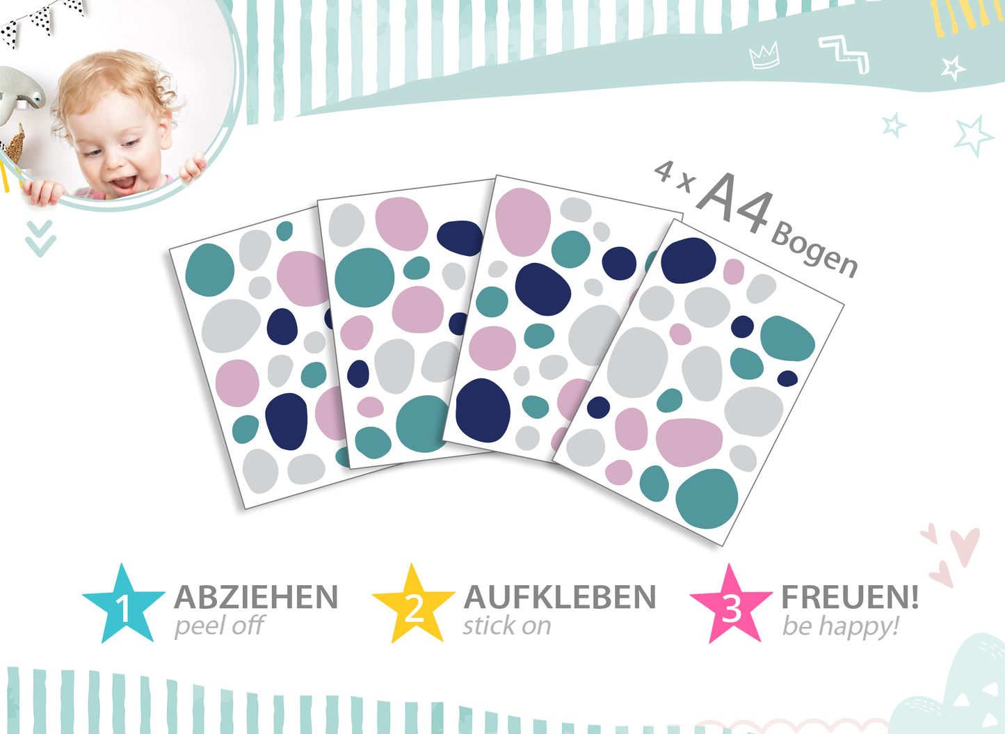 Wandtattoo 92 Tupfen Blau Rosa Mint DK1008