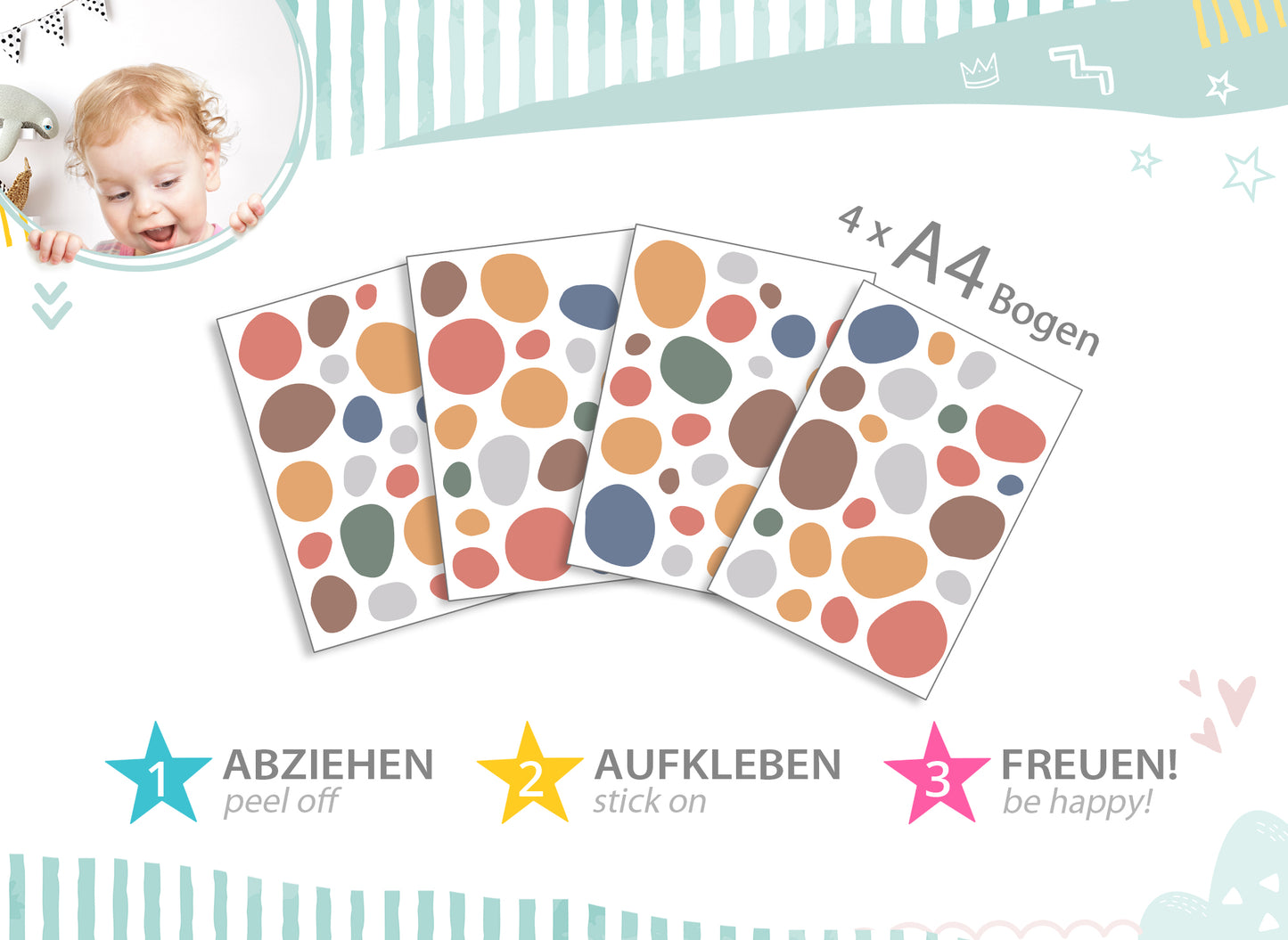 Wandtattoo 92 Tupfen Rot Blau Gelb DK1013