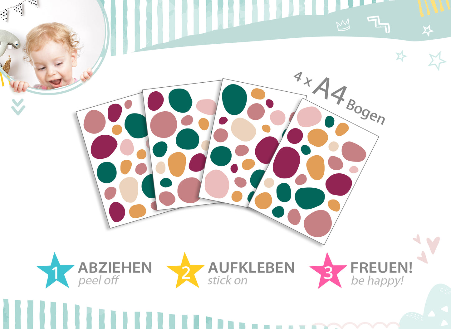 Wandtattoo 92 Tupfen Rosa Beige Grün DK1019