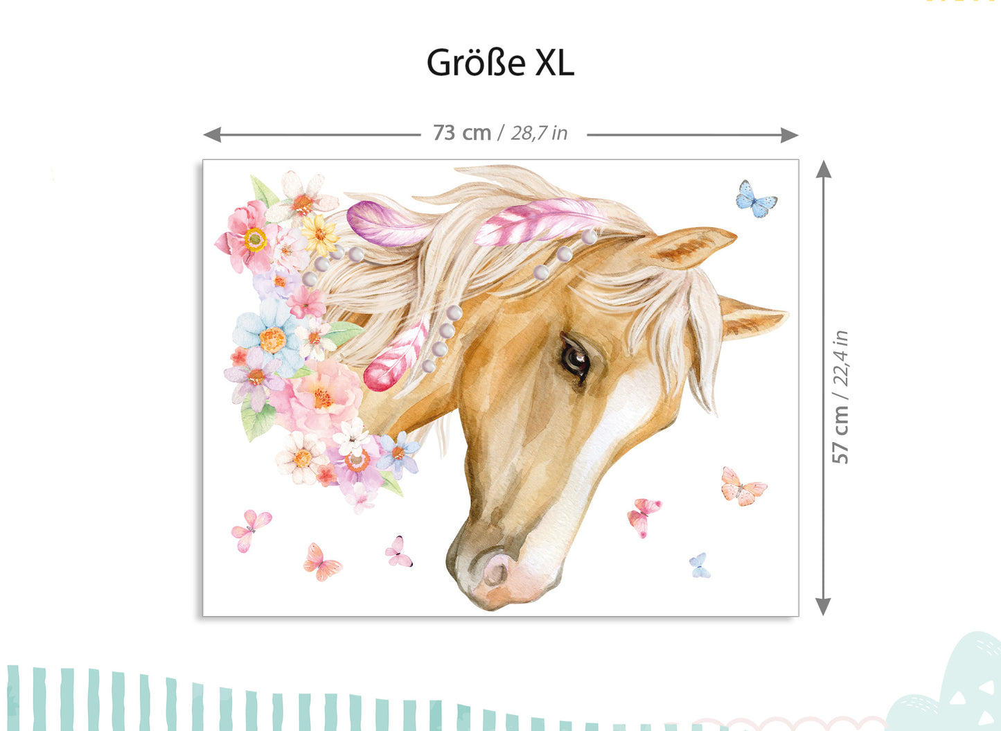 Wandtattoo Pferdekopf mit Blumen & Federn DK1049