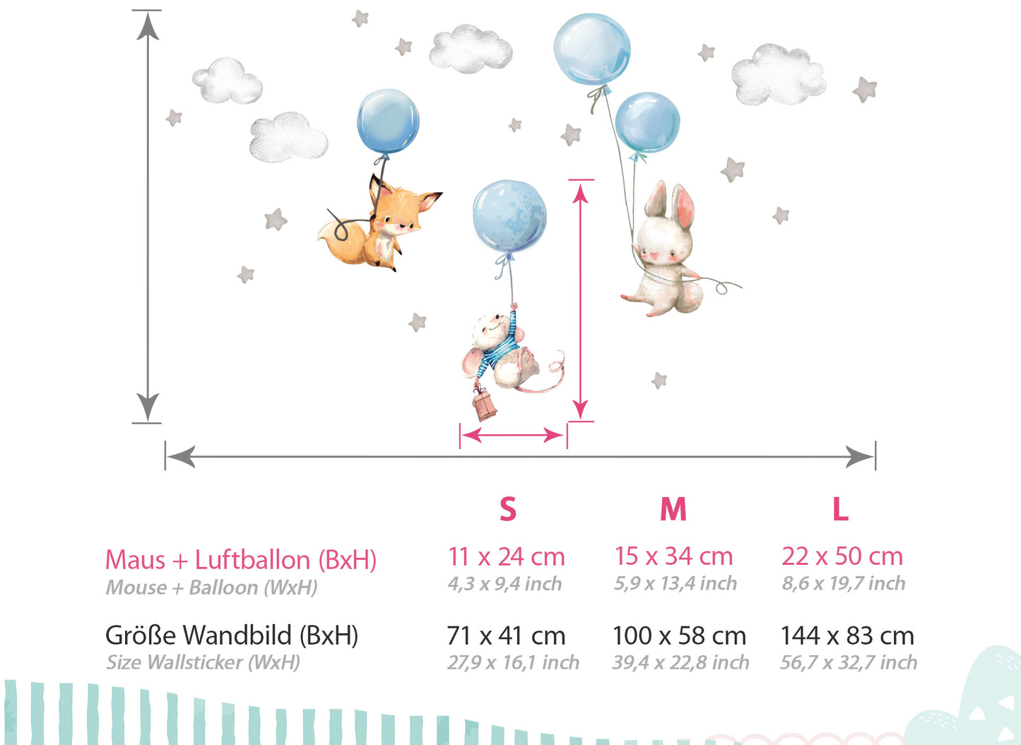 Wandtattoo Fuchs Maus und Hase mit Luftballon DK1066