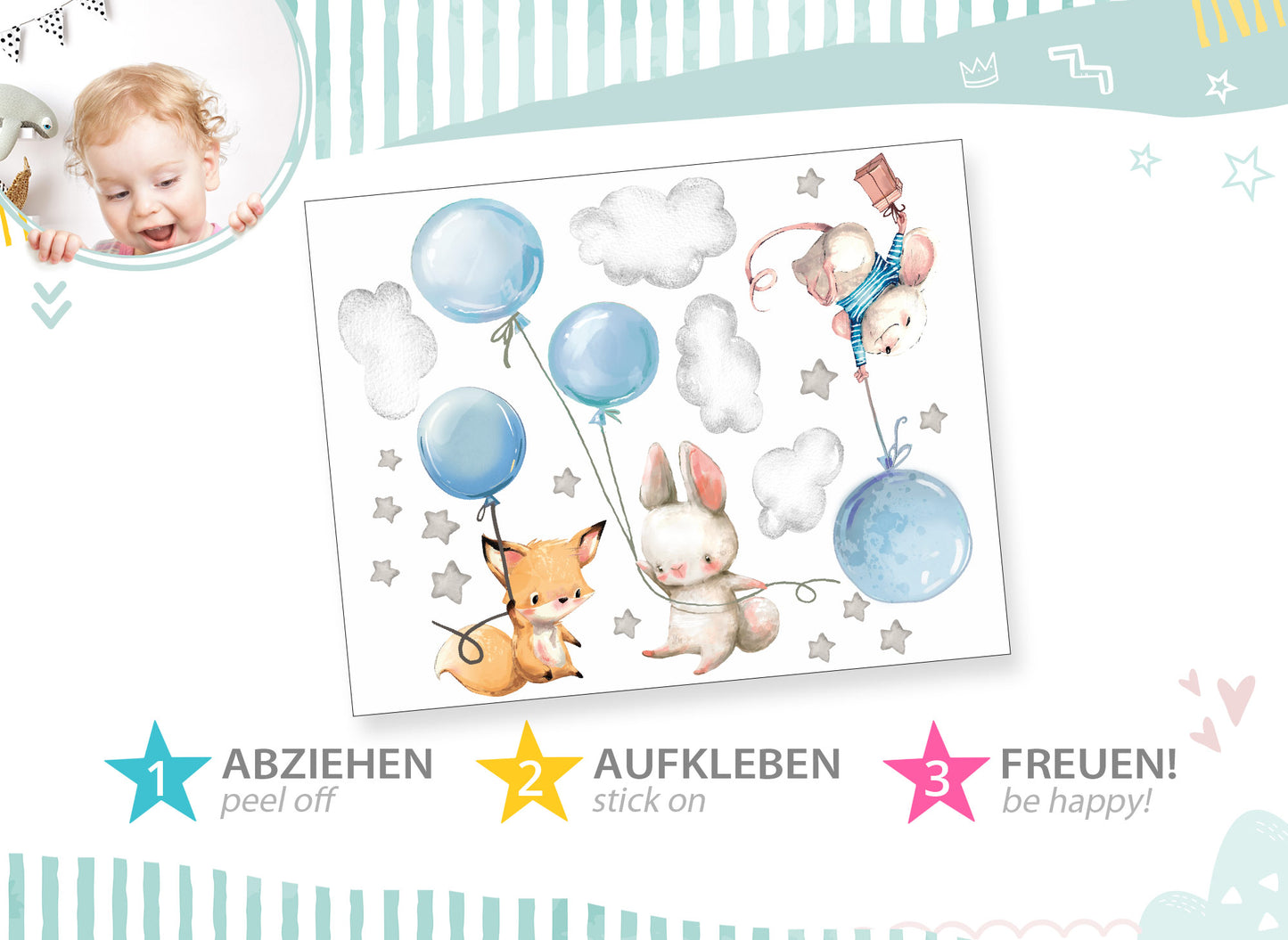 Wandtattoo Fuchs Maus und Hase mit Luftballon DK1066