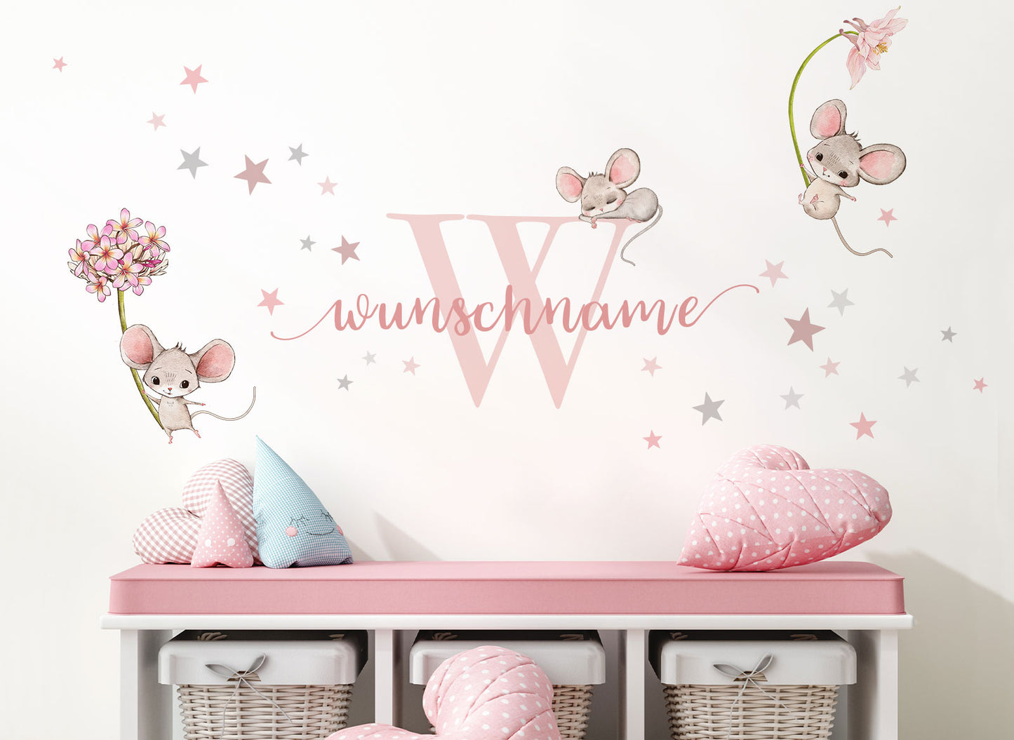Wandtattoo Mäuse Blumen Buchstabe & Wunschname DK1070