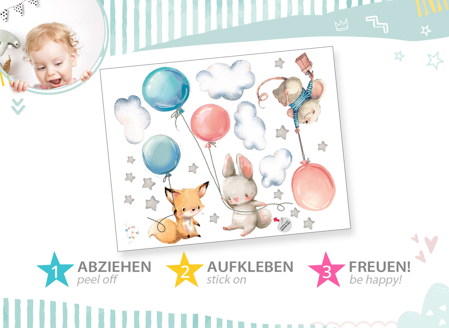 Wandtattoo Fuchs Maus und Hase mit Luftballon DK1073