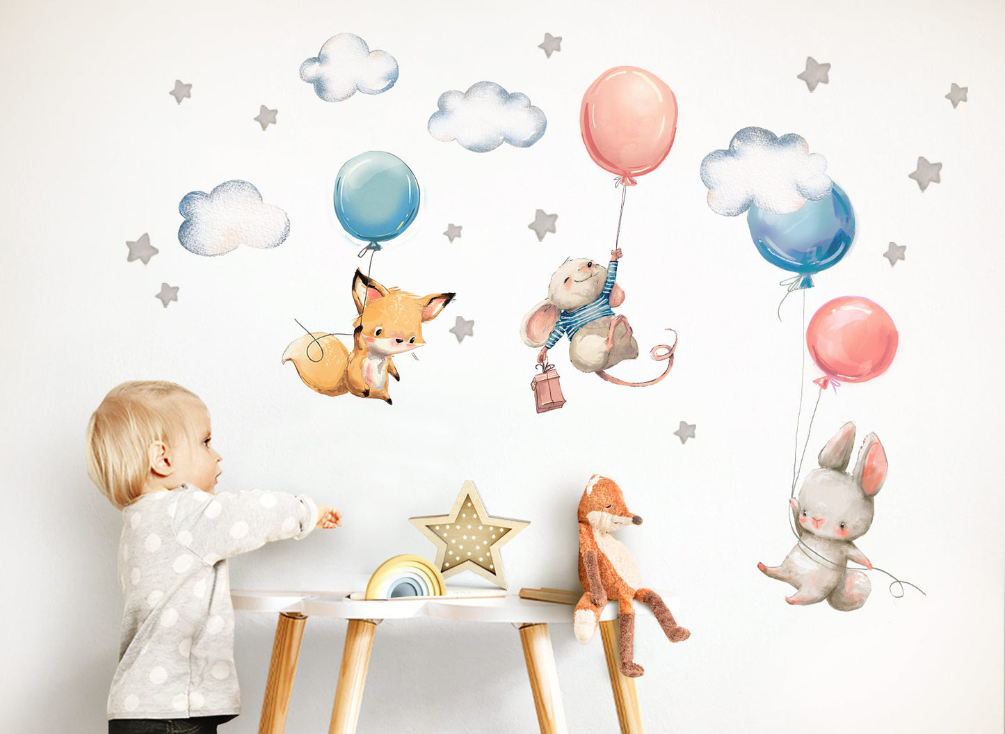 Wandtattoo Fuchs Maus und Hase mit Luftballon DK1073