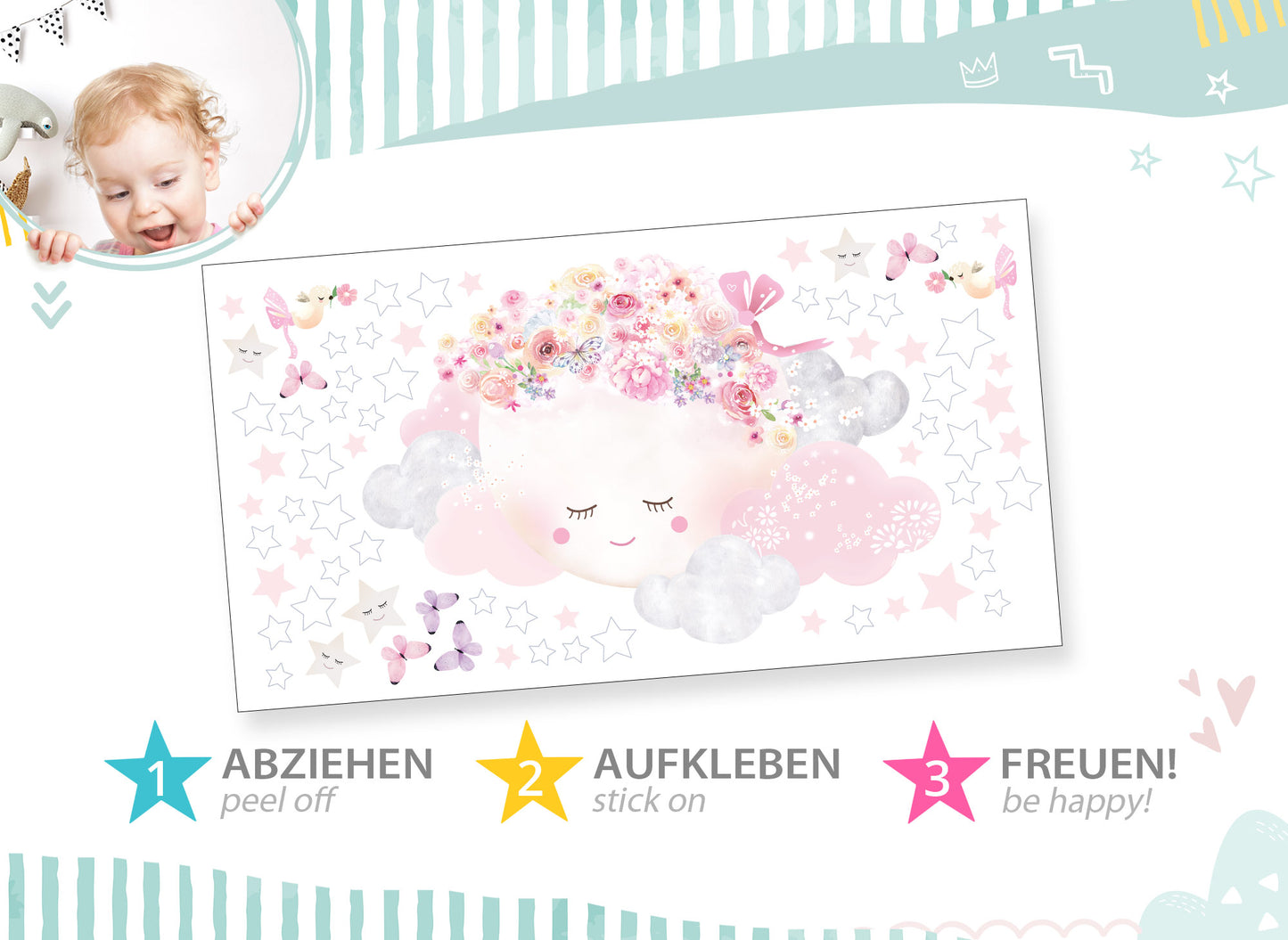 Wandtattoo Wolken & Mond mit Schleife Weiß / Rosa DK1080