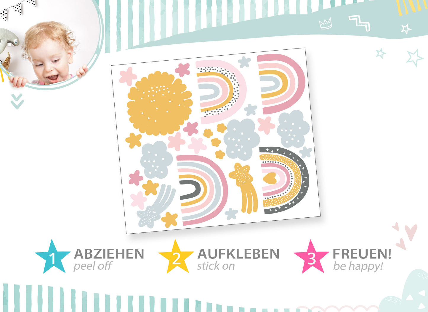 Wandtattoo Regenbogen mit Sternen Wolken & Sonne DK1082