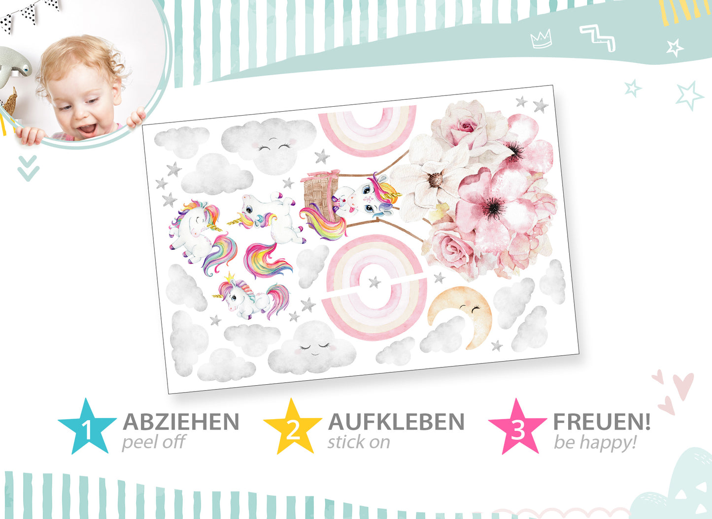 Wandtattoo Einhörner und Regenbögen DK1069